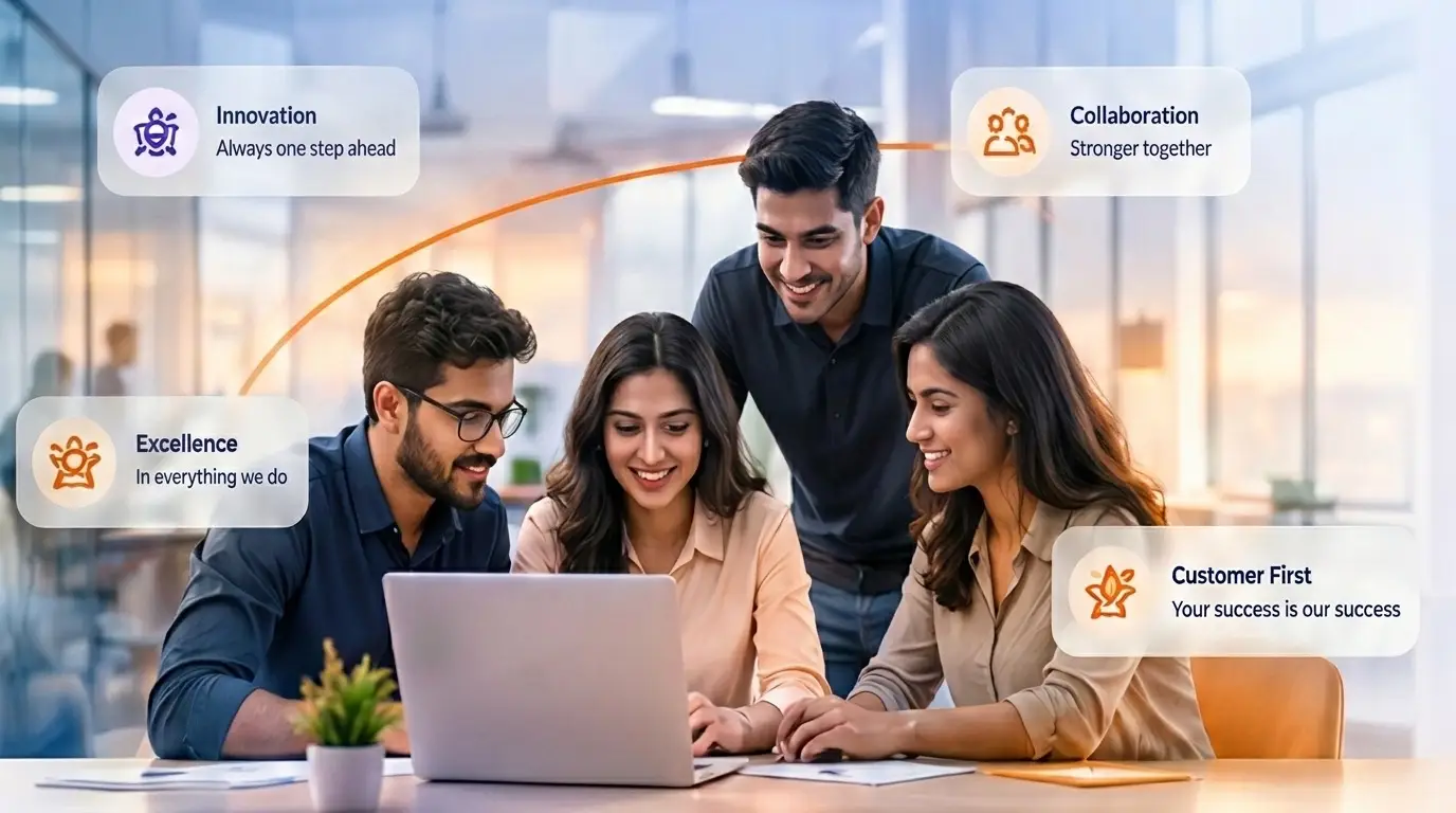 The Nexone World team reviewing an operation together, with the values that guide the work: innovation, collaboration, excellence and customer first.