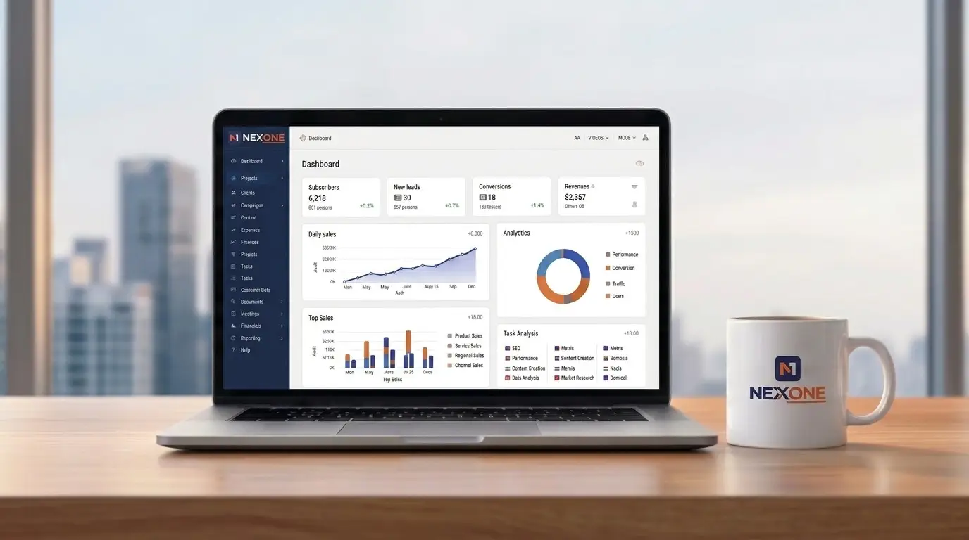 The NexOne dashboard open on a laptop, on a desk with a NexOne mug, in front of a window overlooking the city.