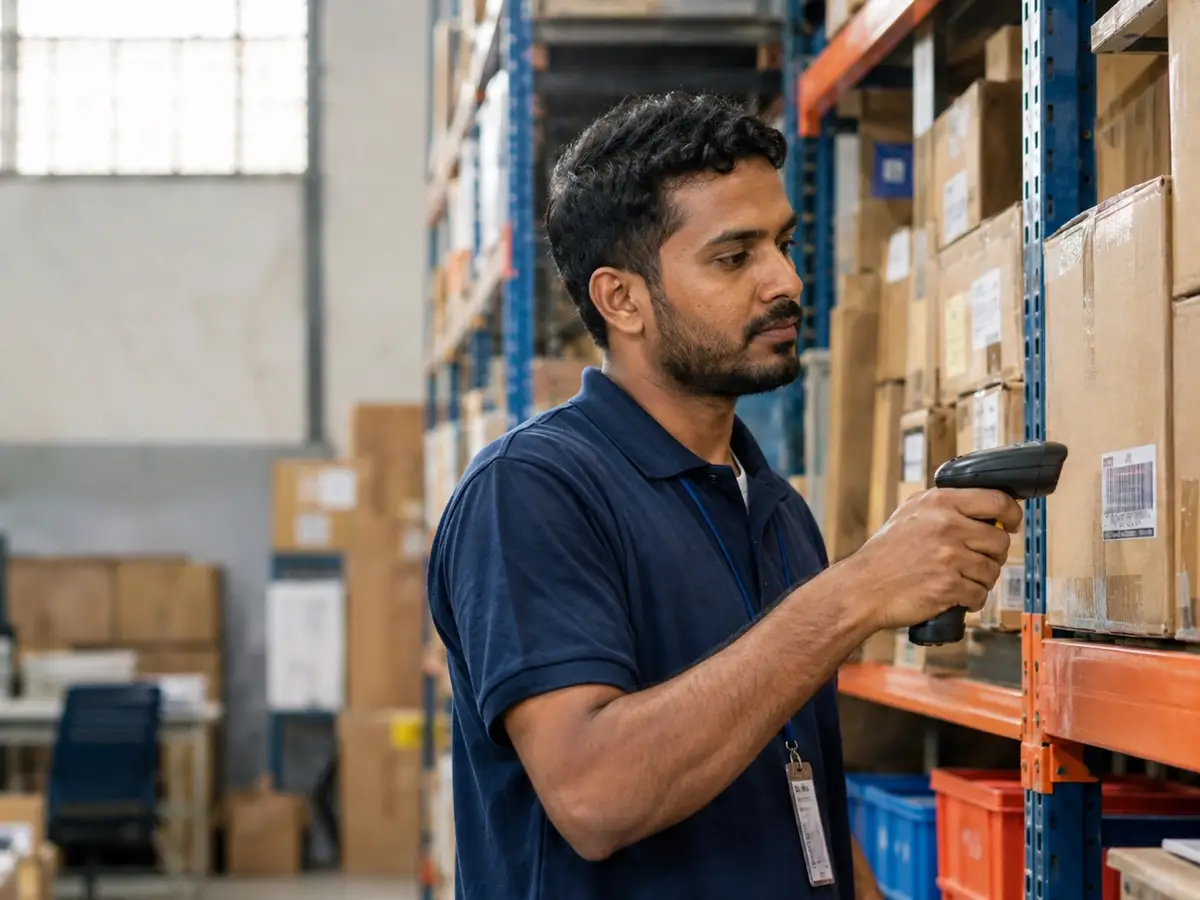 A warehouse supervisor scanning the barcode on a carton of stock with a handheld scanner.