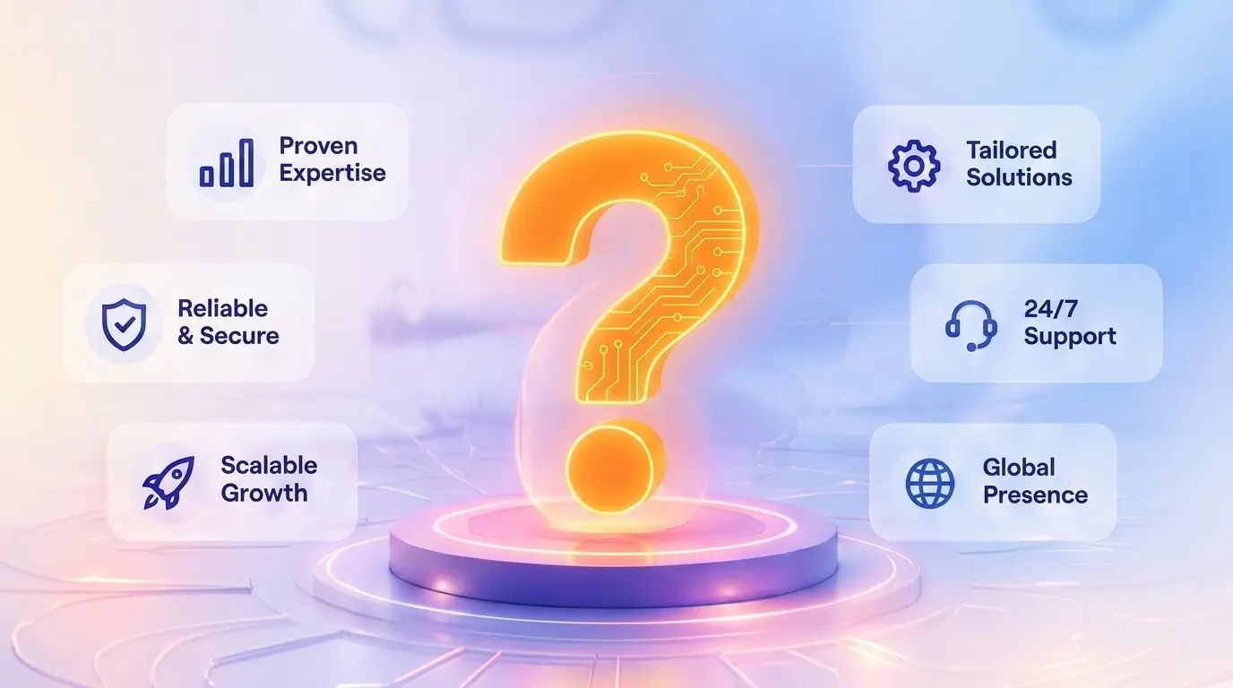 A glowing question mark on a podium, surrounded by badges for proven expertise, reliable and secure, scalable growth, tailored solutions, 24/7 support and global presence.